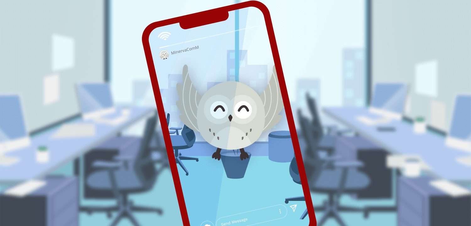 Ilustração da coruja Mina gravando story.