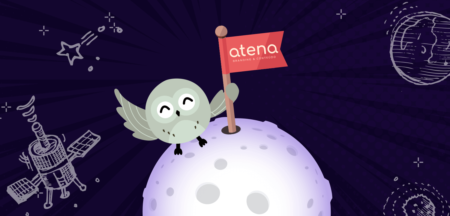 Ilustração corujinha Minerva segurando bandeira com logo da Atena