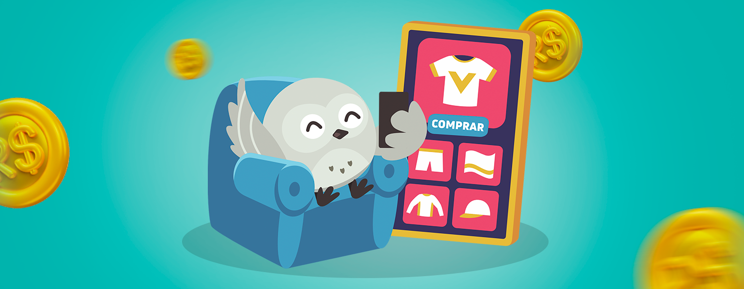 Mina em uma poltrona fazendo compras no celular