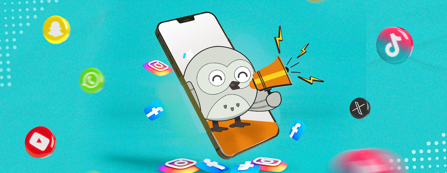 Mina saindo de um celular com um megafone e diferentes logos de redes sociais