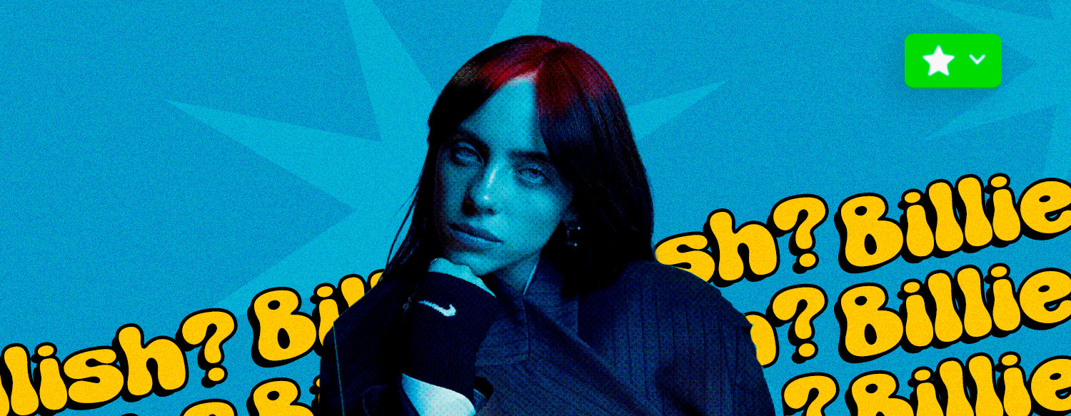 Billie Eilish com seu nome atrás e o símbolo dos Melhores Amigos do Instagram